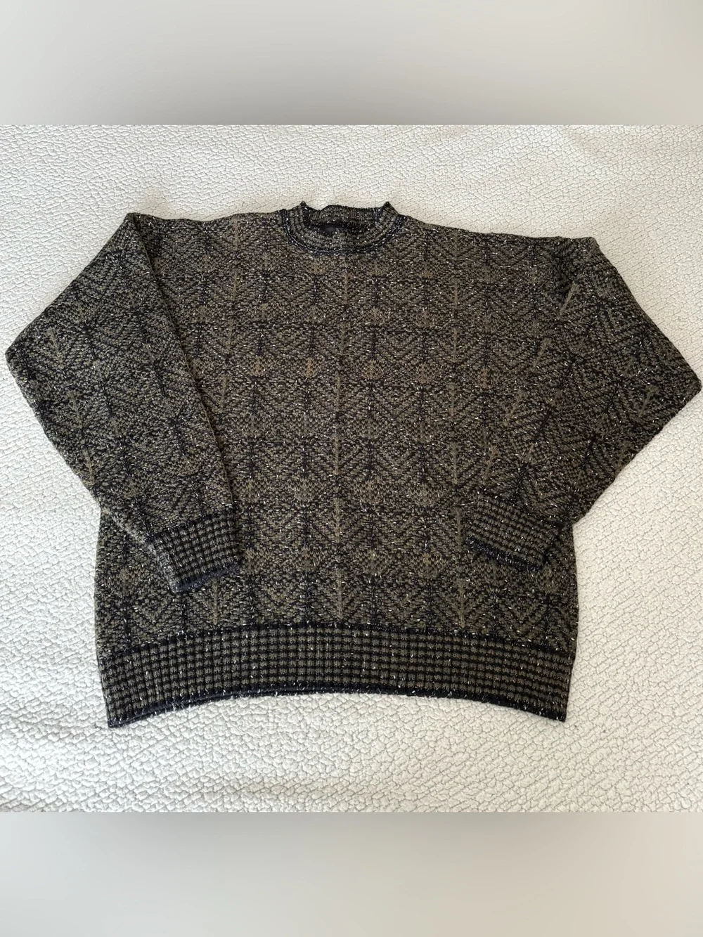 TSR Vintage 90s Geometric Knit Sweater 2XB Green Olive Black USA Made Wool Blend